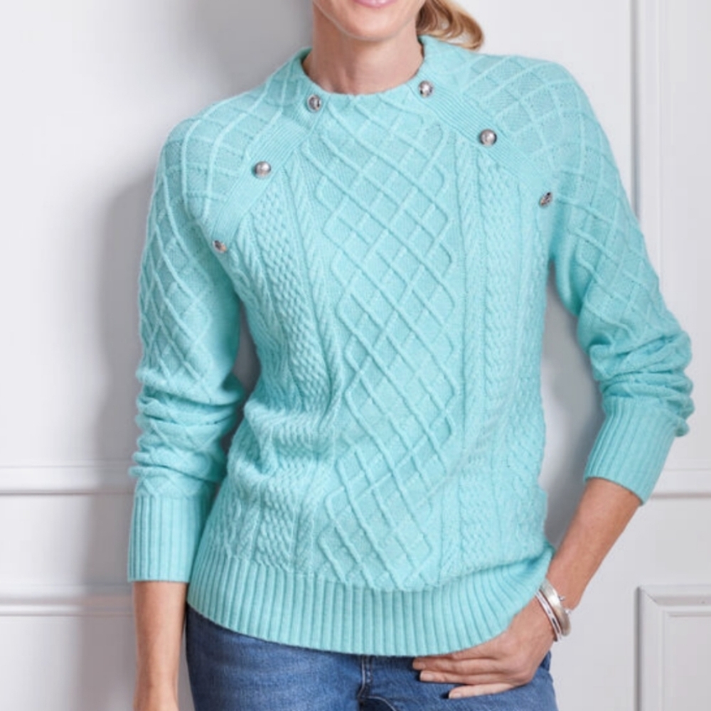 Talbots Light Blue Mock Neck Cable Knit Sweater with Silver Buttons Petite XS